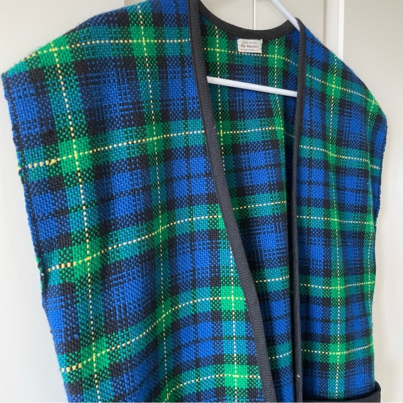 Vintage The Wheelers Hand Woven Plaid Fringed Green Blue Vest - Picture 3 of 10